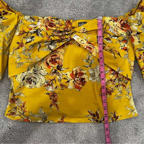 Soho New York & Co Women’s Sz L Yellow Floral Puff Sleeve Off the Shoulder Top - Picture 3 of 9